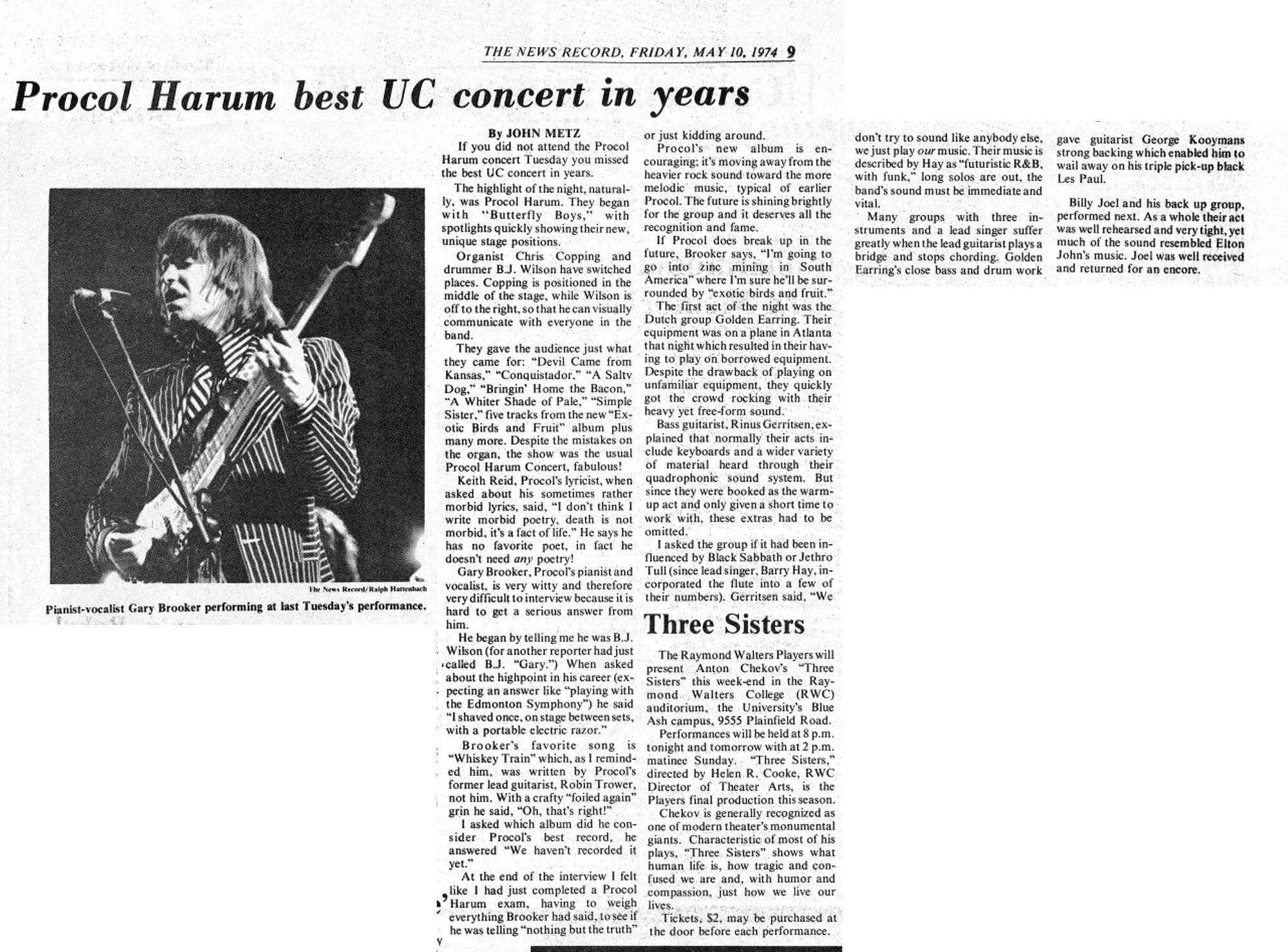Procul Harum with Golden Earring show review May 07 1974 Cincinatti - Cincinatti University